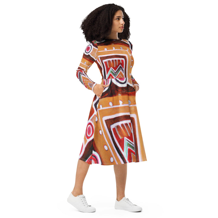 Womens Long Sleeve Midi Dress - Brown Orange Green Aztec Pattern-3