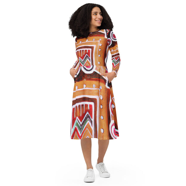 Womens Long Sleeve Midi Dress - Brown Orange Green Aztec Pattern-0
