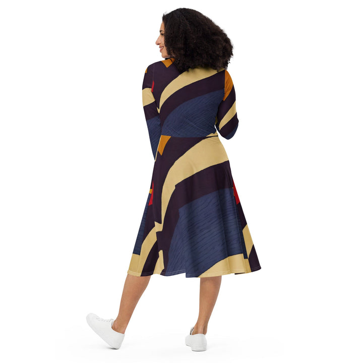 Womens Long Sleeve Midi Dress - Brown Red Blue Colorblock Lines-4