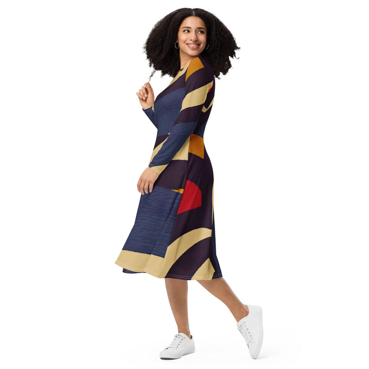 Womens Long Sleeve Midi Dress - Brown Red Blue Colorblock Lines-2