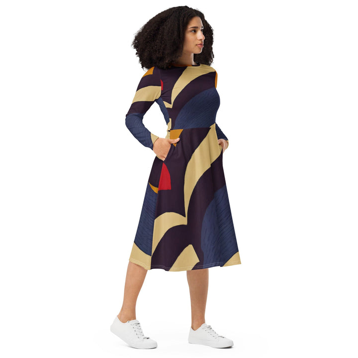 Womens Long Sleeve Midi Dress - Brown Red Blue Colorblock Lines-3