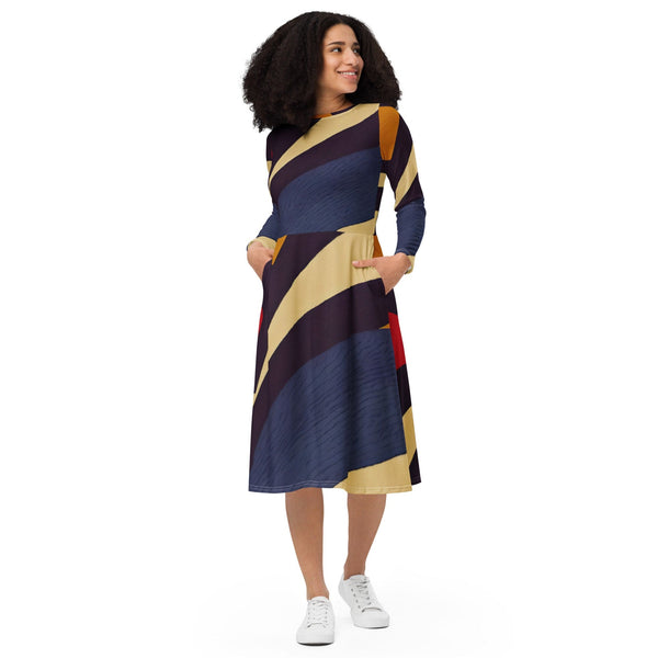 Womens Long Sleeve Midi Dress - Brown Red Blue Colorblock Lines-0