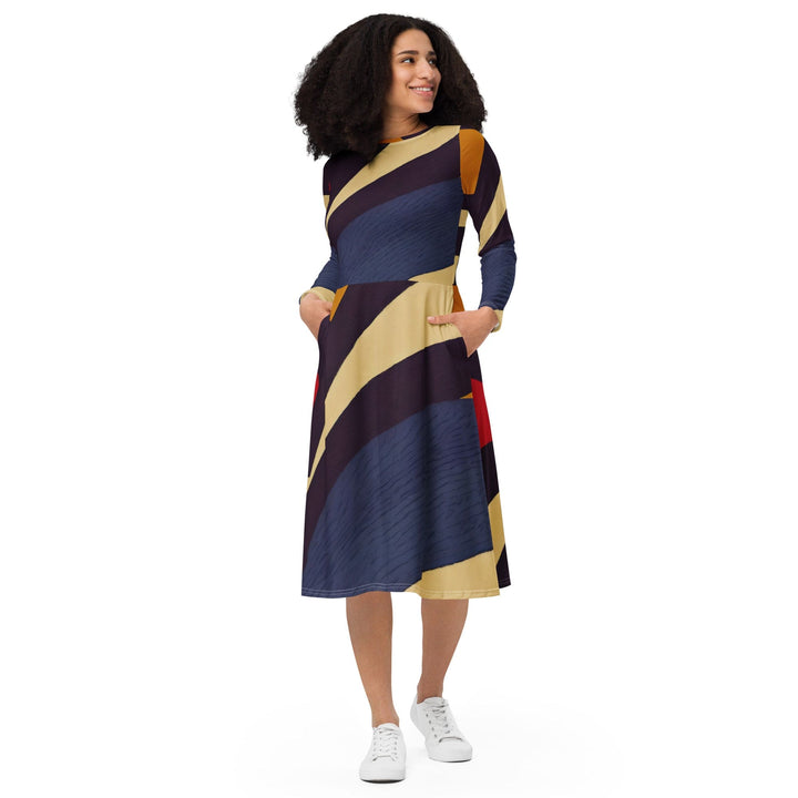 Womens Long Sleeve Midi Dress - Brown Red Blue Colorblock Lines-0