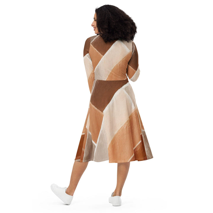 Womens Long Sleeve Midi Dress - Brown Rustic Watercolors Print-1