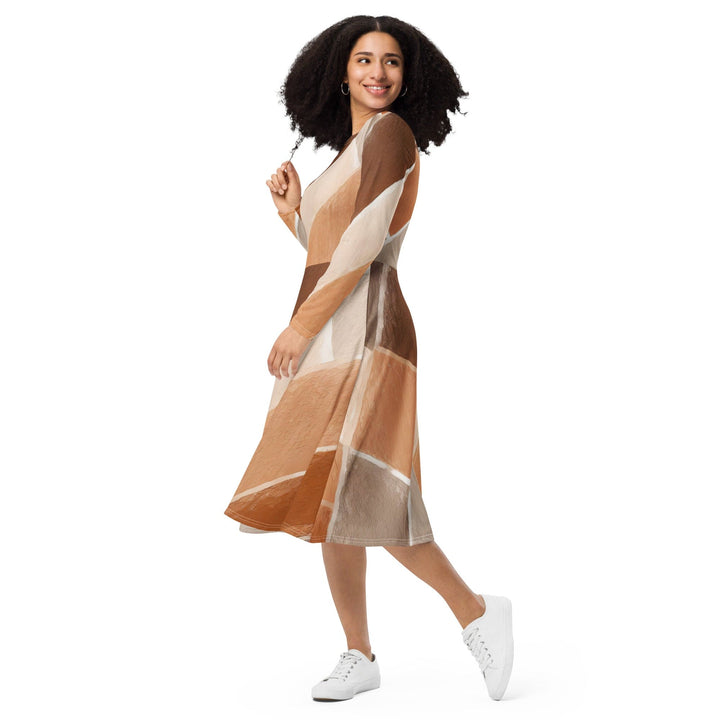 Womens Long Sleeve Midi Dress - Brown Rustic Watercolors Print-2