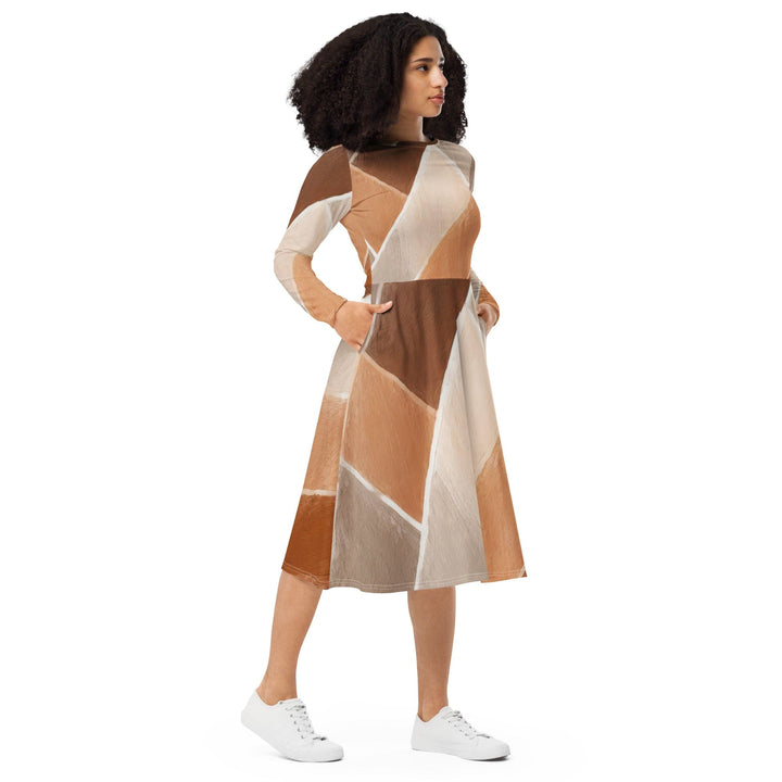 Womens Long Sleeve Midi Dress - Brown Rustic Watercolors Print-3