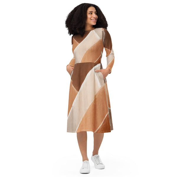 Womens Long Sleeve Midi Dress - Brown Rustic Watercolors Print-0