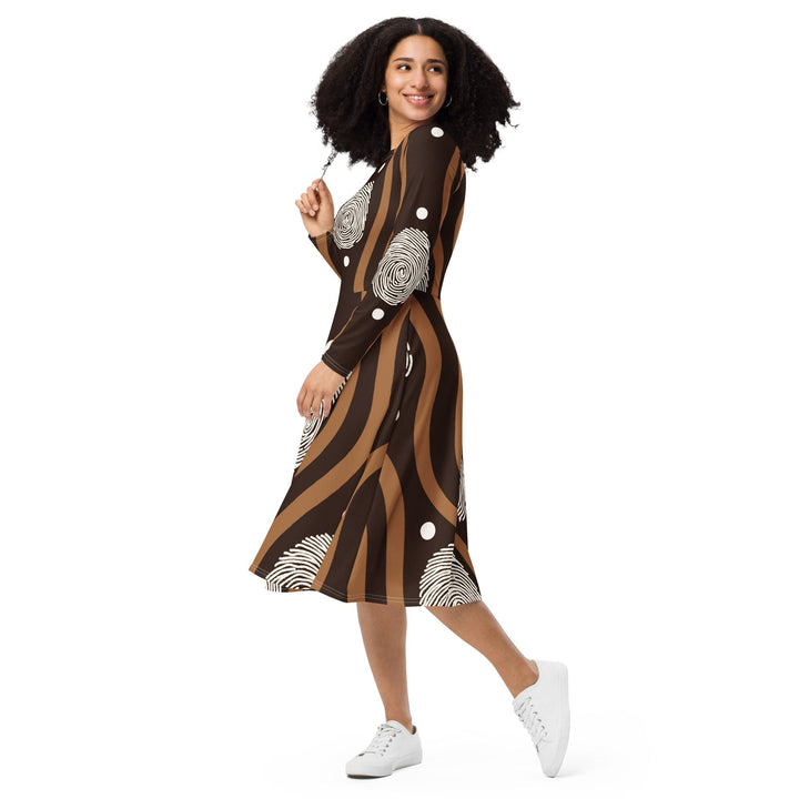 Womens Long Sleeve Midi Dress - Brown White Geometric Lines-2