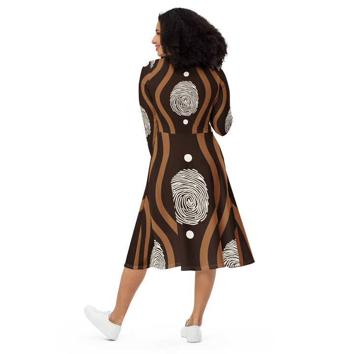 Womens Long Sleeve Midi Dress - Brown White Geometric Lines-1