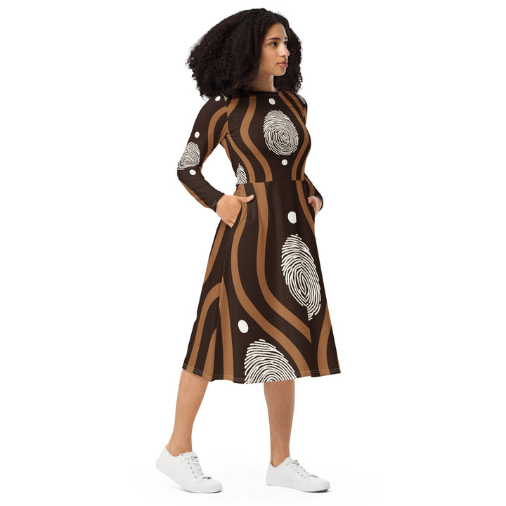 Womens Long Sleeve Midi Dress - Brown White Geometric Lines-3