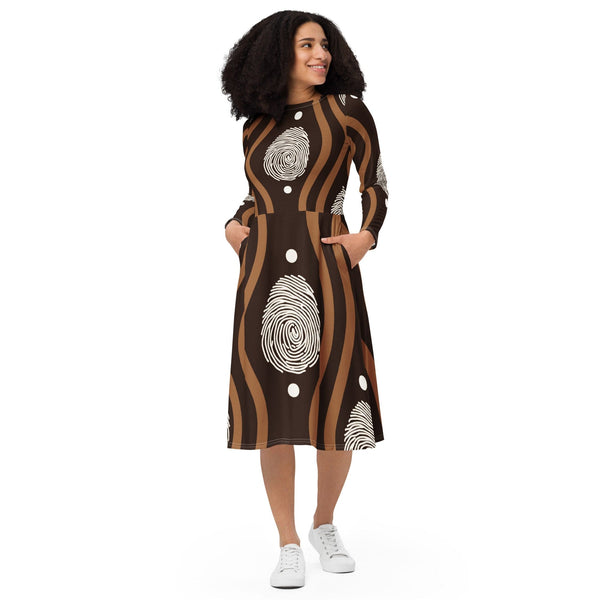 Womens Long Sleeve Midi Dress - Brown White Geometric Lines-0