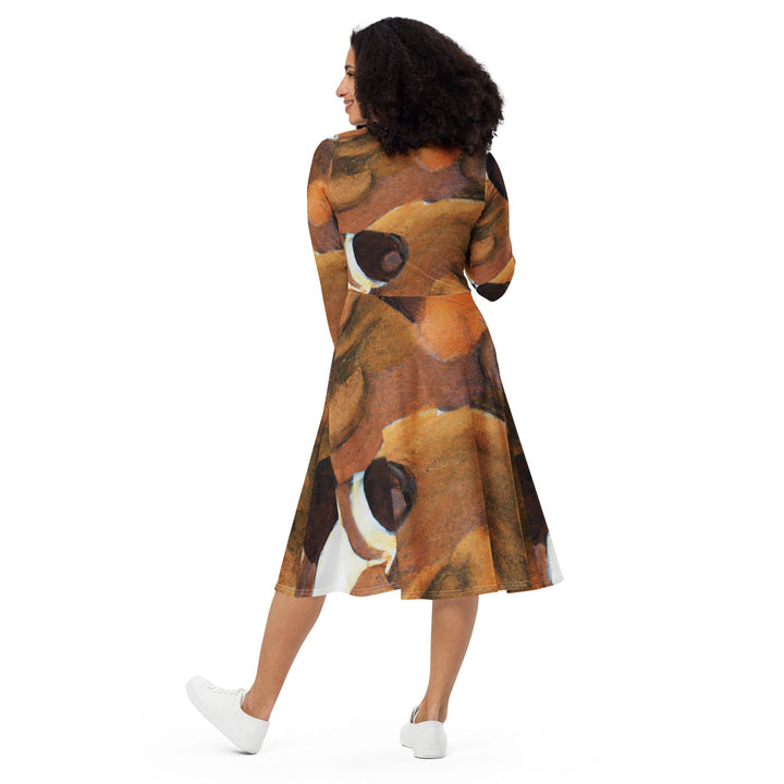Womens Long Sleeve Midi Dress - Brown White Stone Pattern-1