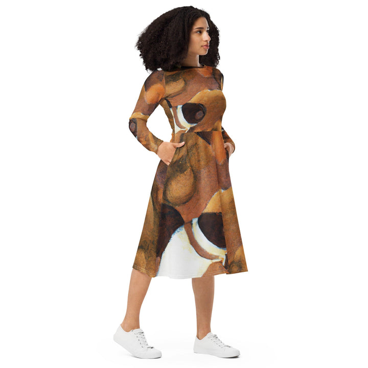 Womens Long Sleeve Midi Dress - Brown White Stone Pattern-3
