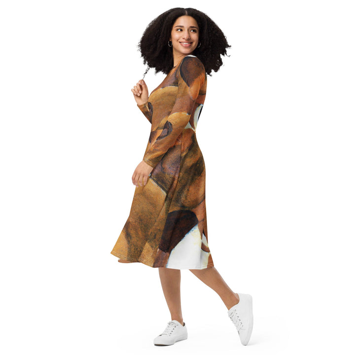 Womens Long Sleeve Midi Dress - Brown White Stone Pattern-2