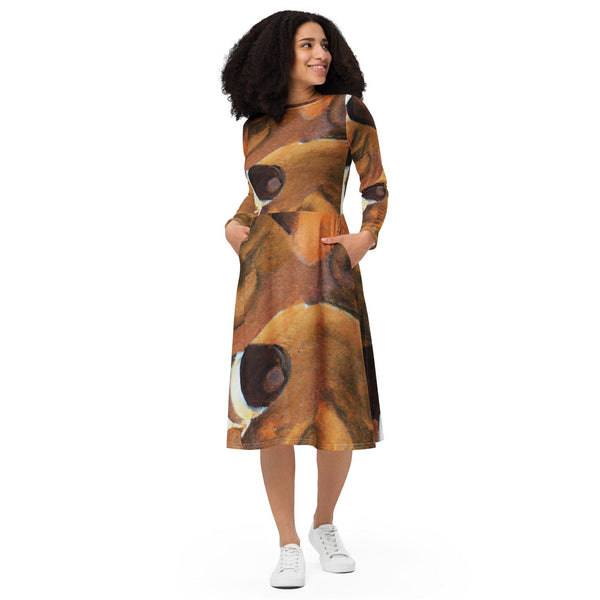 Womens Long Sleeve Midi Dress - Brown White Stone Pattern-0