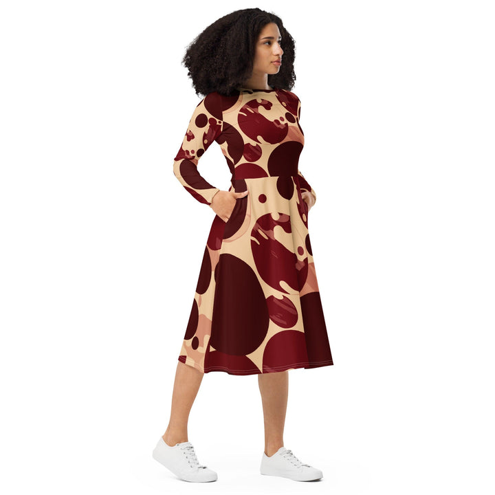 Womens Long Sleeve Midi Dress - Burgundy Beige Circular Print-3