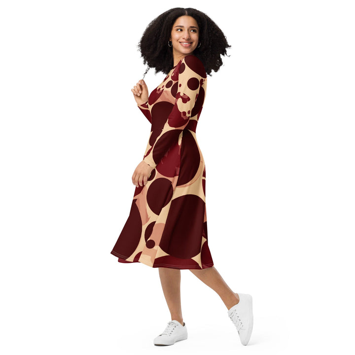 Womens Long Sleeve Midi Dress - Burgundy Beige Circular Print-2