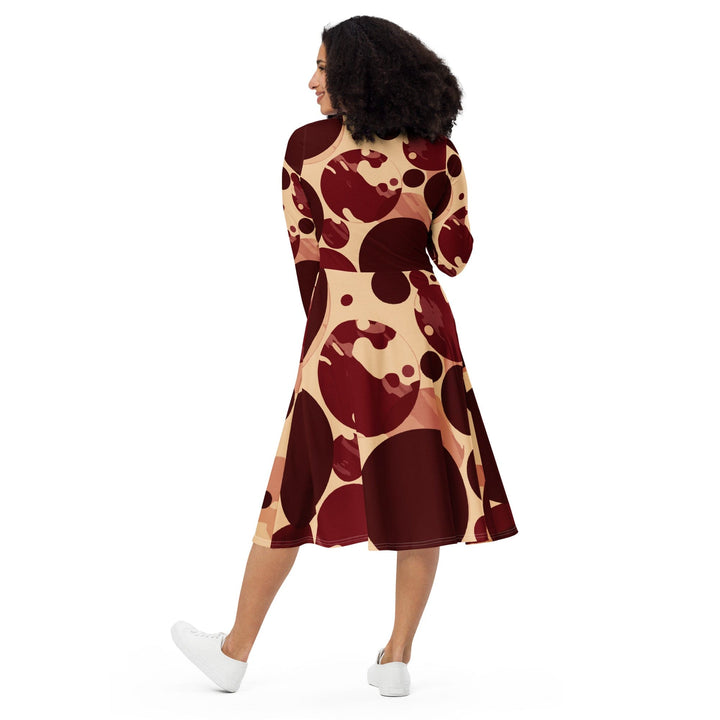 Womens Long Sleeve Midi Dress - Burgundy Beige Circular Print-4
