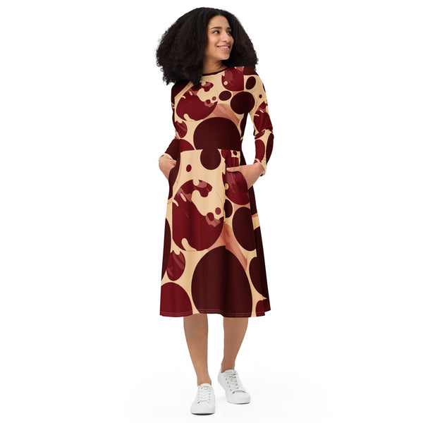 Womens Long Sleeve Midi Dress - Burgundy Beige Circular Print-0