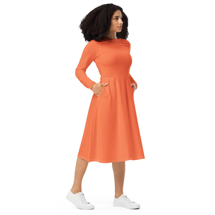 Womens Long Sleeve Midi Dress - Coral Orange Red-3