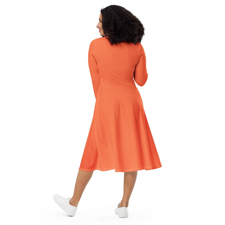 Womens Long Sleeve Midi Dress - Coral Orange Red-4