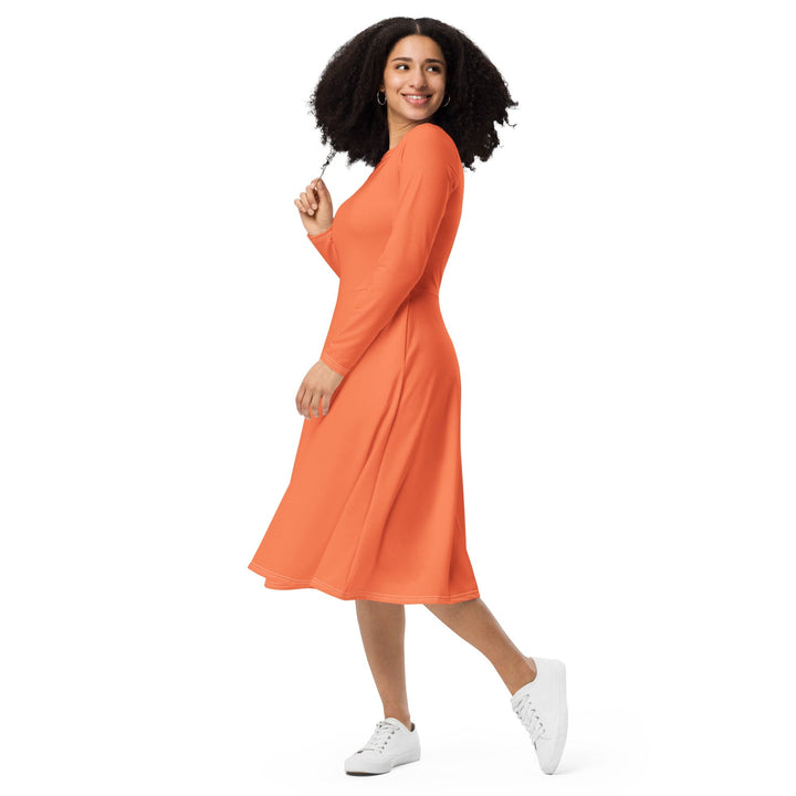 Womens Long Sleeve Midi Dress - Coral Orange Red-2