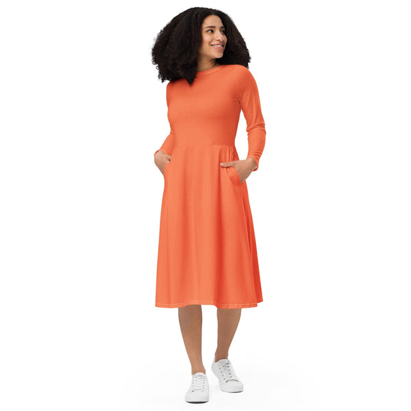 Womens Long Sleeve Midi Dress - Coral Orange Red-0