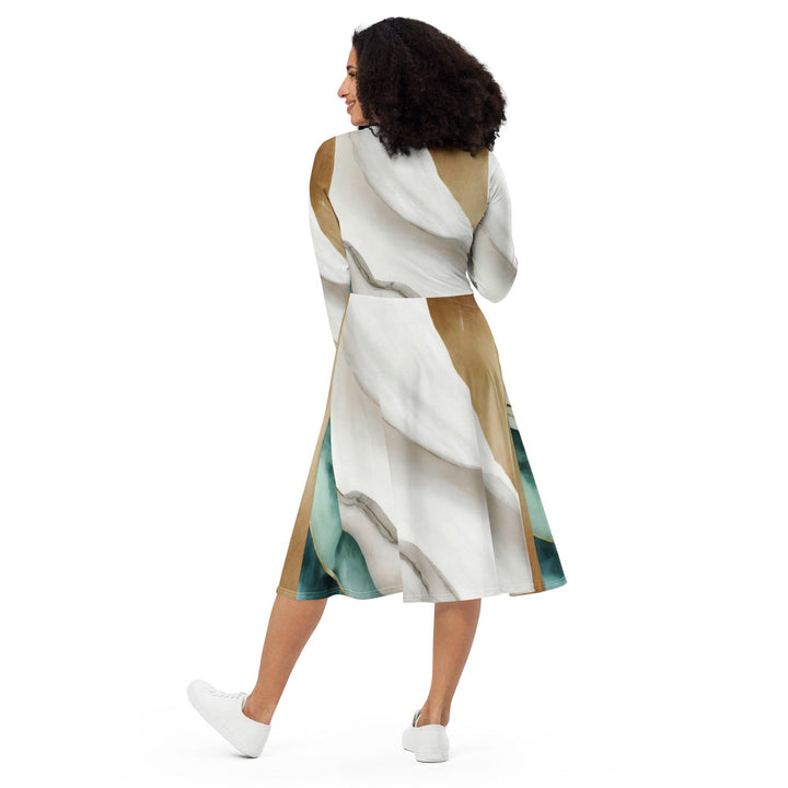 Womens Long Sleeve Midi Dress - Cream White Green Marbled Print-1