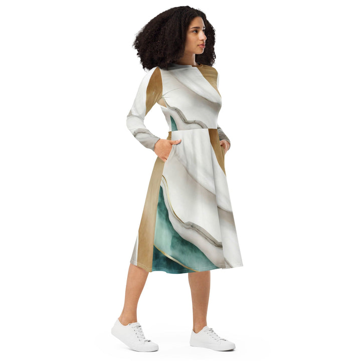 Womens Long Sleeve Midi Dress - Cream White Green Marbled Print-3