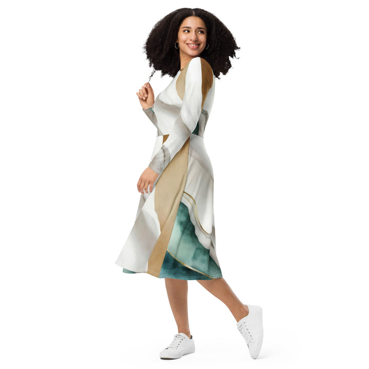 Womens Long Sleeve Midi Dress - Cream White Green Marbled Print-2