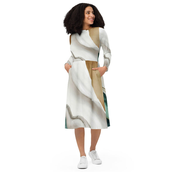 Womens Long Sleeve Midi Dress - Cream White Green Marbled Print-0