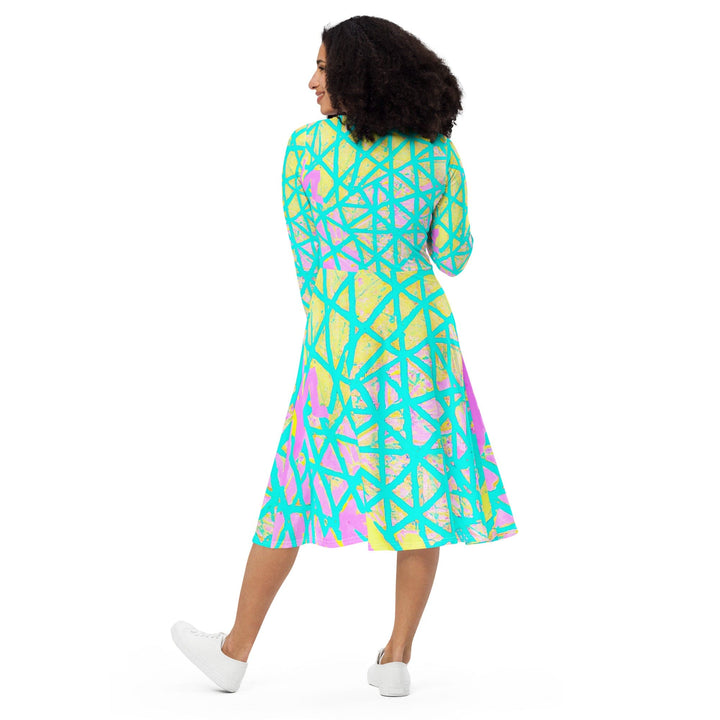 Womens Long Sleeve Midi Dress - Cyan Blue Lime Green and Pink Pattern-1