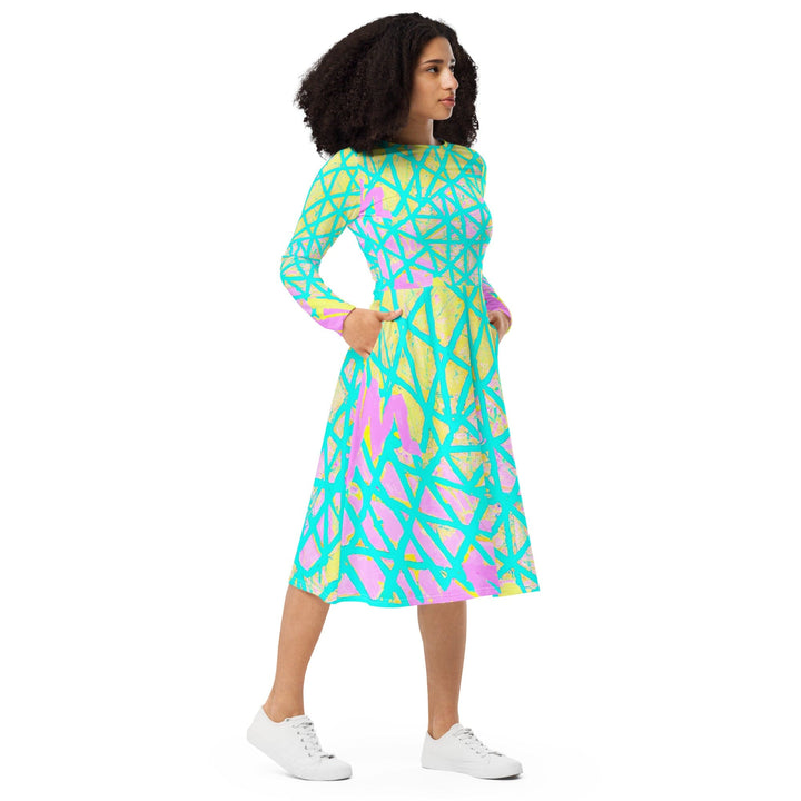 Womens Long Sleeve Midi Dress - Cyan Blue Lime Green and Pink Pattern-3