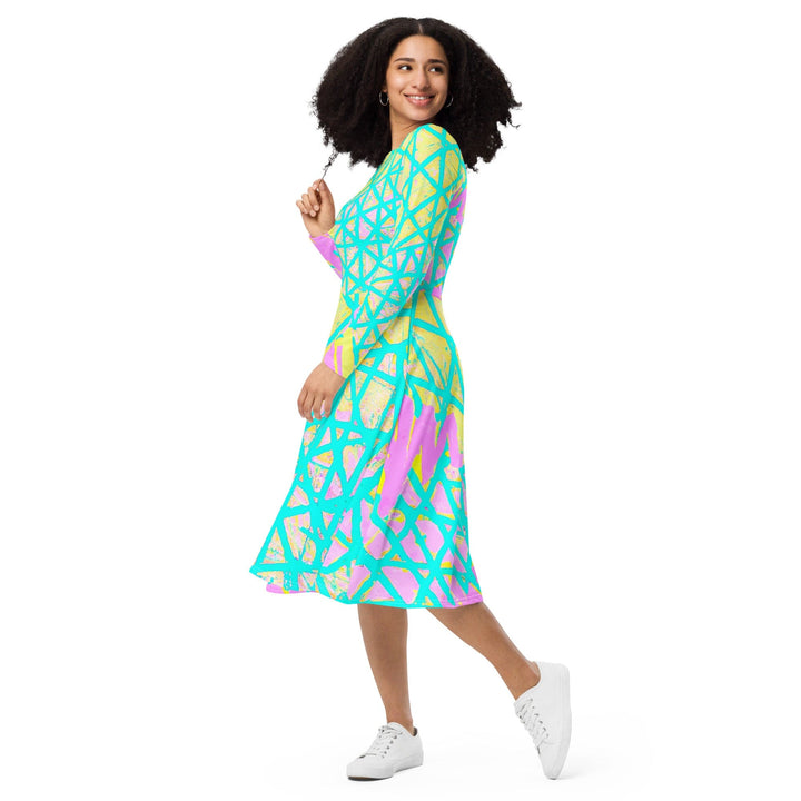 Womens Long Sleeve Midi Dress - Cyan Blue Lime Green and Pink Pattern-2