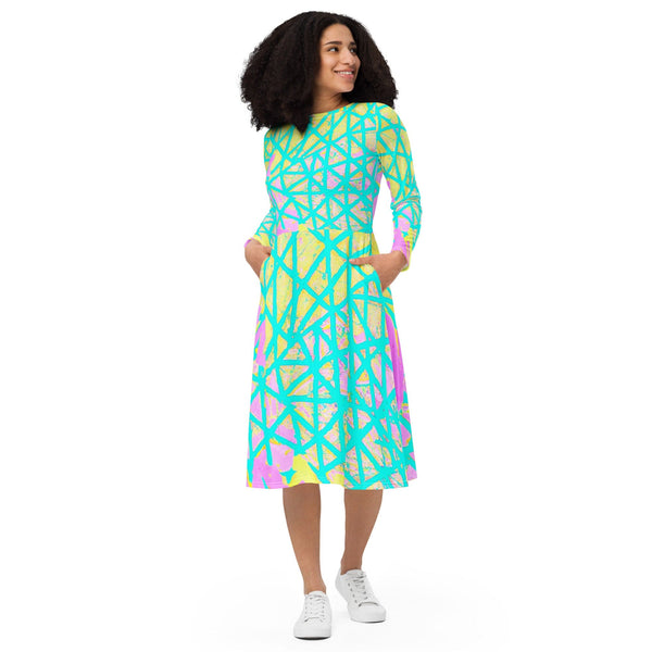 Womens Long Sleeve Midi Dress - Cyan Blue Lime Green and Pink Pattern-0