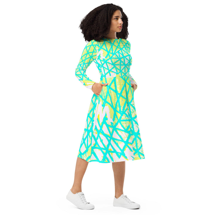 Womens Long Sleeve Midi Dress - Cyan Blue Lime Green and White Pattern-3