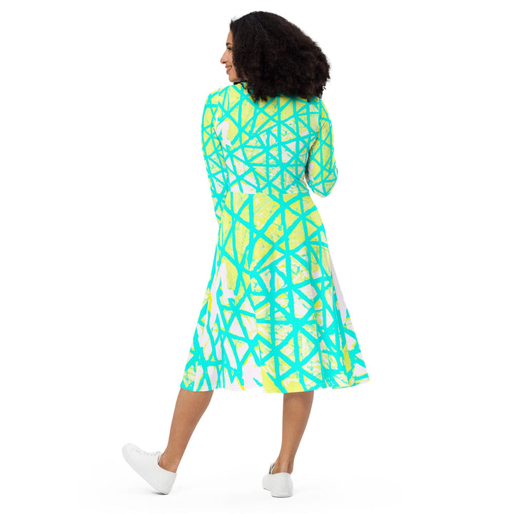 Womens Long Sleeve Midi Dress - Cyan Blue Lime Green and White Pattern-4