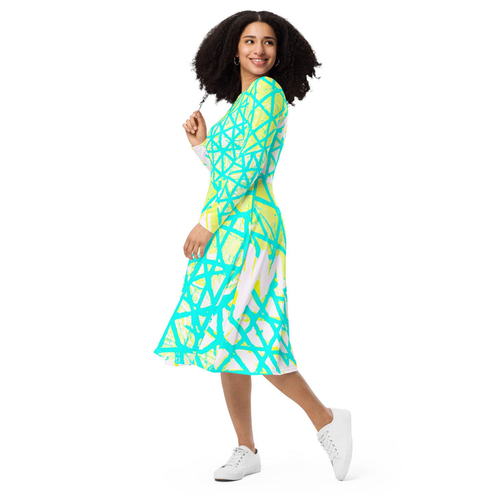 Womens Long Sleeve Midi Dress - Cyan Blue Lime Green and White Pattern-2