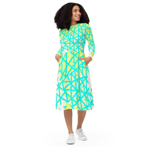 Womens Long Sleeve Midi Dress - Cyan Blue Lime Green and White Pattern-0