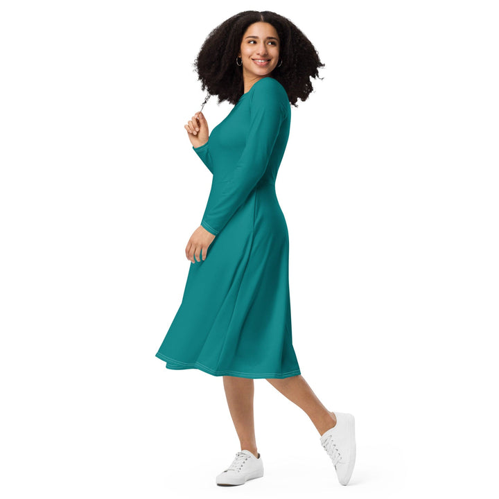 Womens Long Sleeve Midi Dress - Dark Teal Green-2