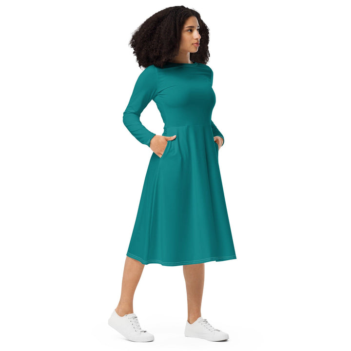 Womens Long Sleeve Midi Dress - Dark Teal Green-3