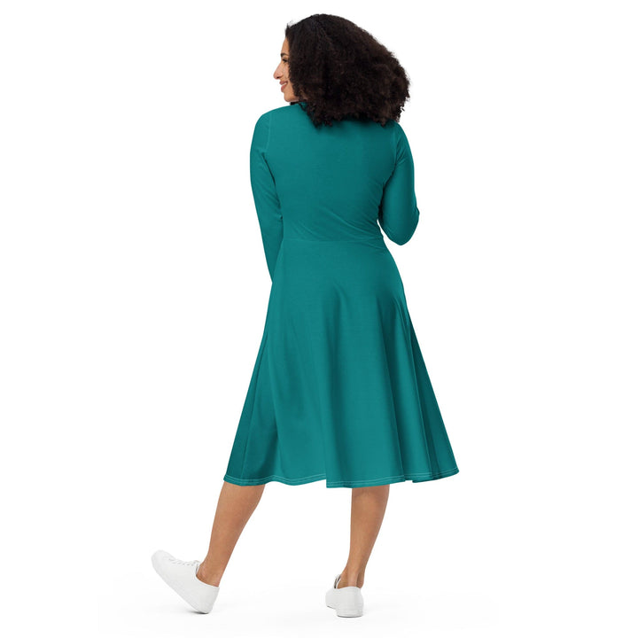 Womens Long Sleeve Midi Dress - Dark Teal Green-1