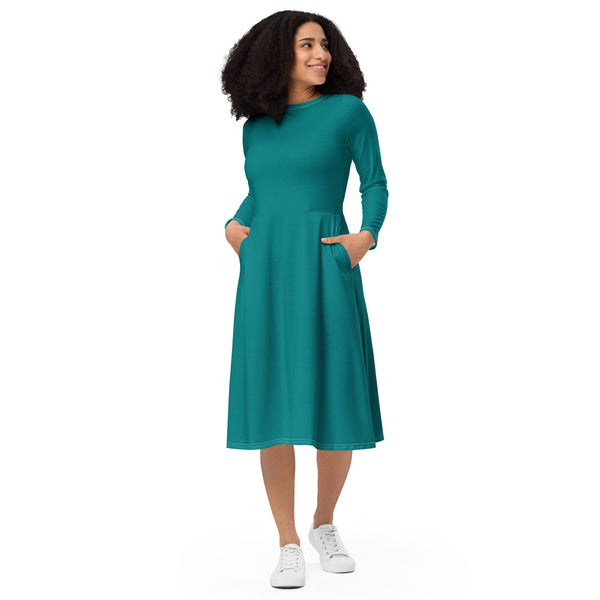 Womens Long Sleeve Midi Dress - Dark Teal Green-0