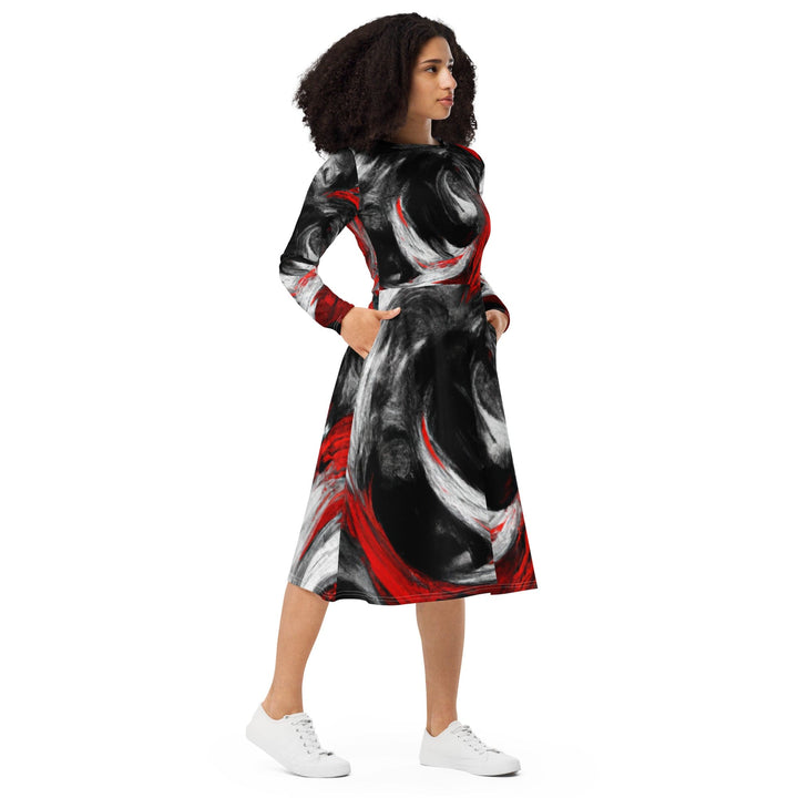 Womens Long Sleeve Midi Dress - Decorative Black Red White Abstract-3