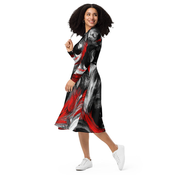 Womens Long Sleeve Midi Dress - Decorative Black Red White Abstract-2