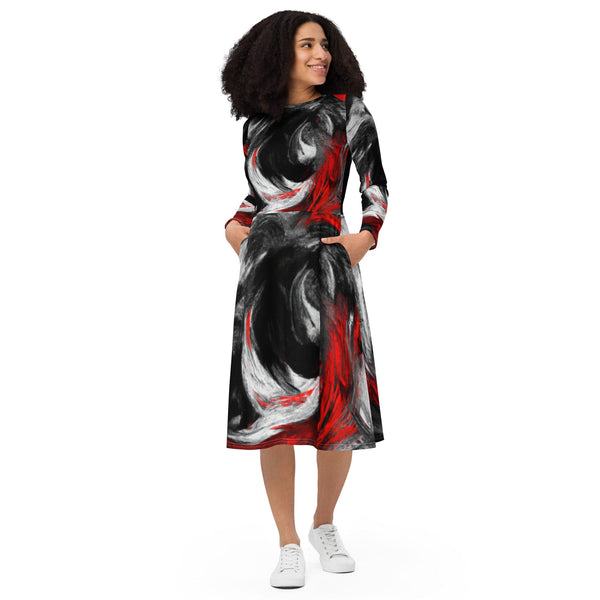 Womens Long Sleeve Midi Dress - Decorative Black Red White Abstract-0
