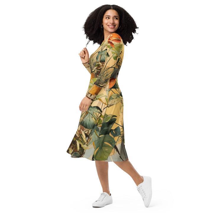 Womens Long Sleeve Midi Dress - Earthy Rustic Potted Plants Print-2