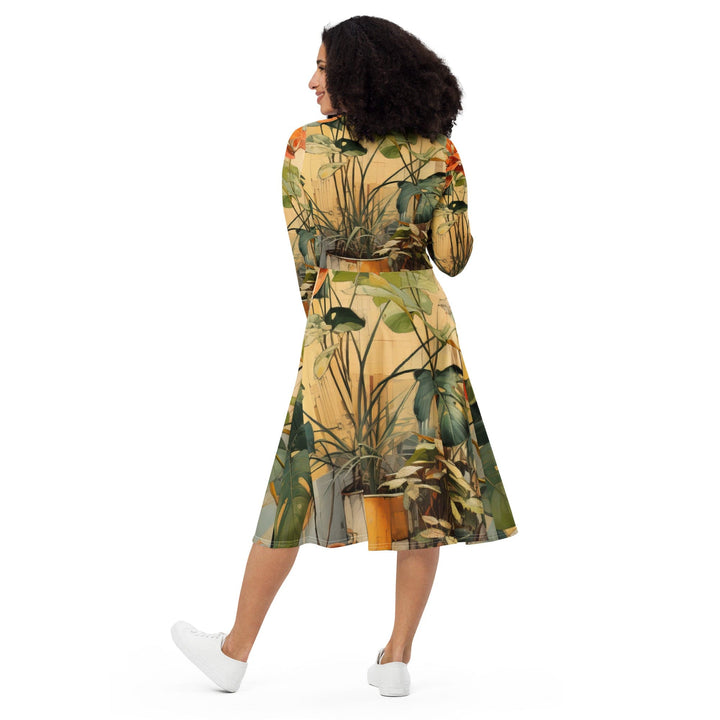Womens Long Sleeve Midi Dress - Earthy Rustic Potted Plants Print-4