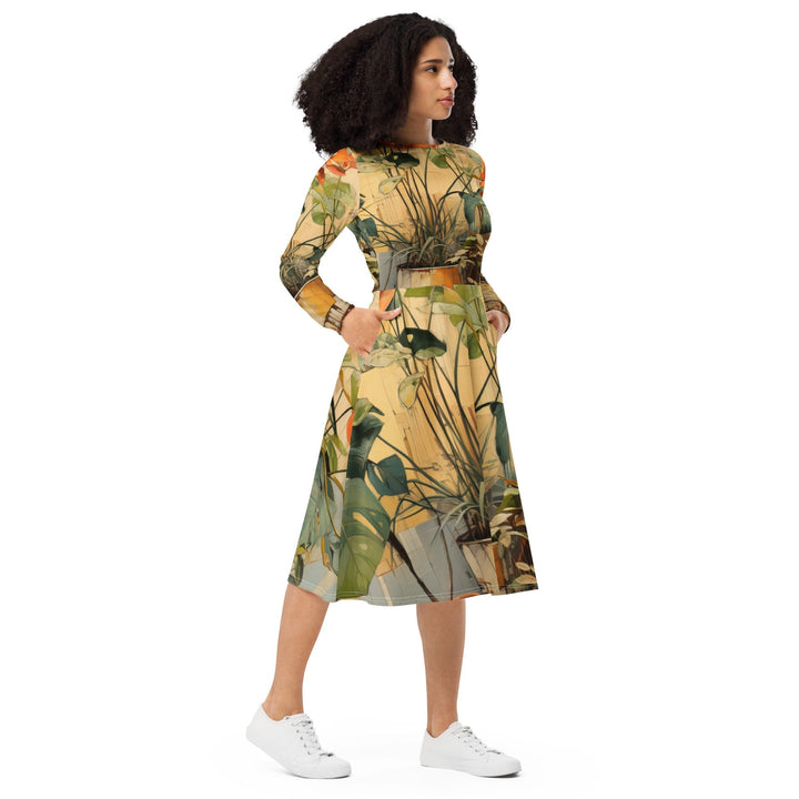 Womens Long Sleeve Midi Dress - Earthy Rustic Potted Plants Print-3