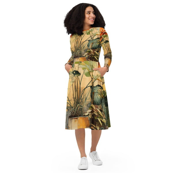 Womens Long Sleeve Midi Dress - Earthy Rustic Potted Plants Print-0